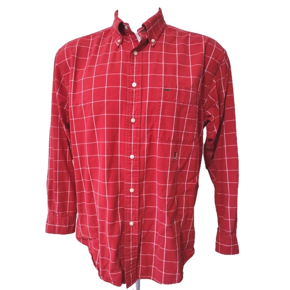 Tommy Hilfiger Shirt L Mens Red Windowpane‎ Plaid Preppy Norm Core Button Down